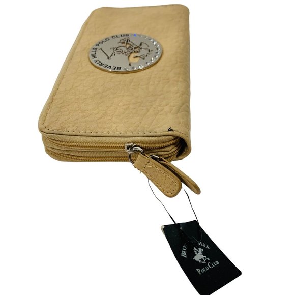 Beverly Hills Polo Club Wallet Stanford Zip Large Metal Medallion Logo Sand READ - Picture 5 of 9